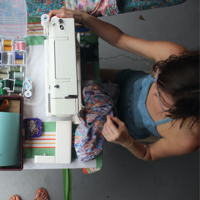 Lisa sewing shot from above