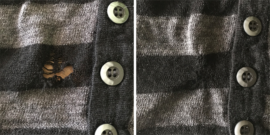 Invisible mend on a sweater before and after photos