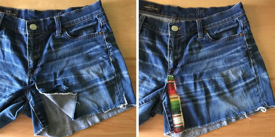 Visible mend on jean shorts before and after photos