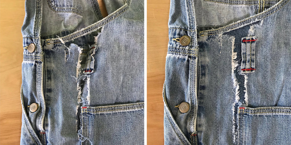 Visible mend on jeans before and after photos