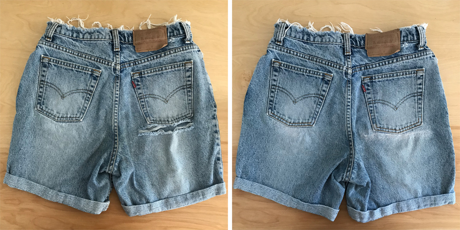 Denim darn on jean shorts before and after photos