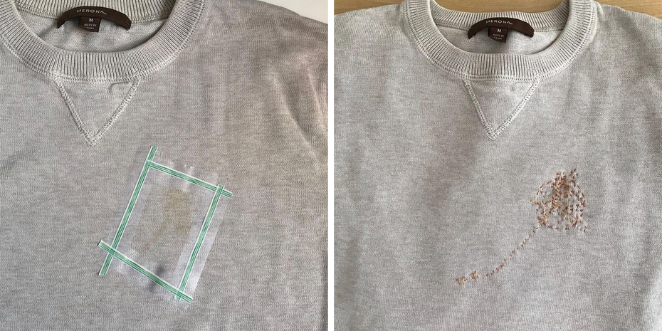 Stain cover up on sweater before and after photos
