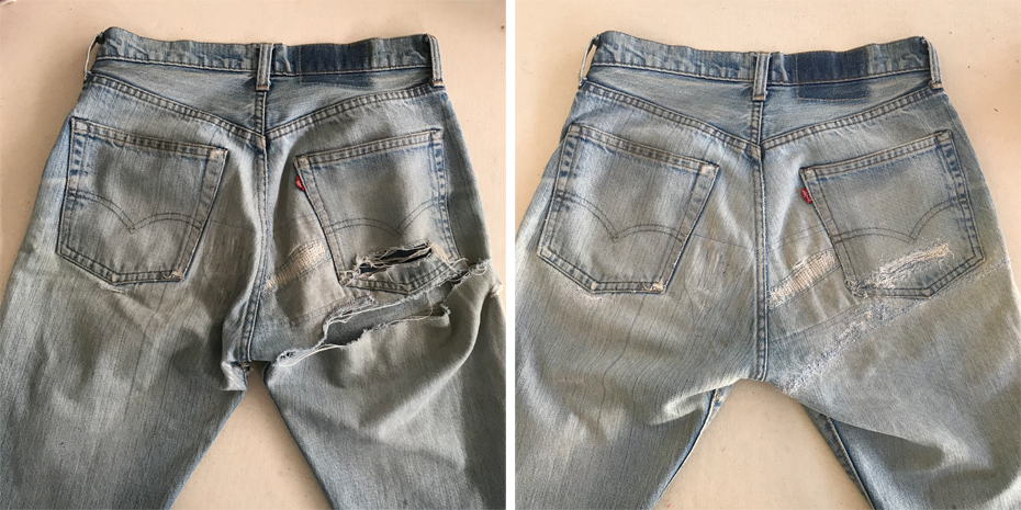 Denim darning on jeans before and after